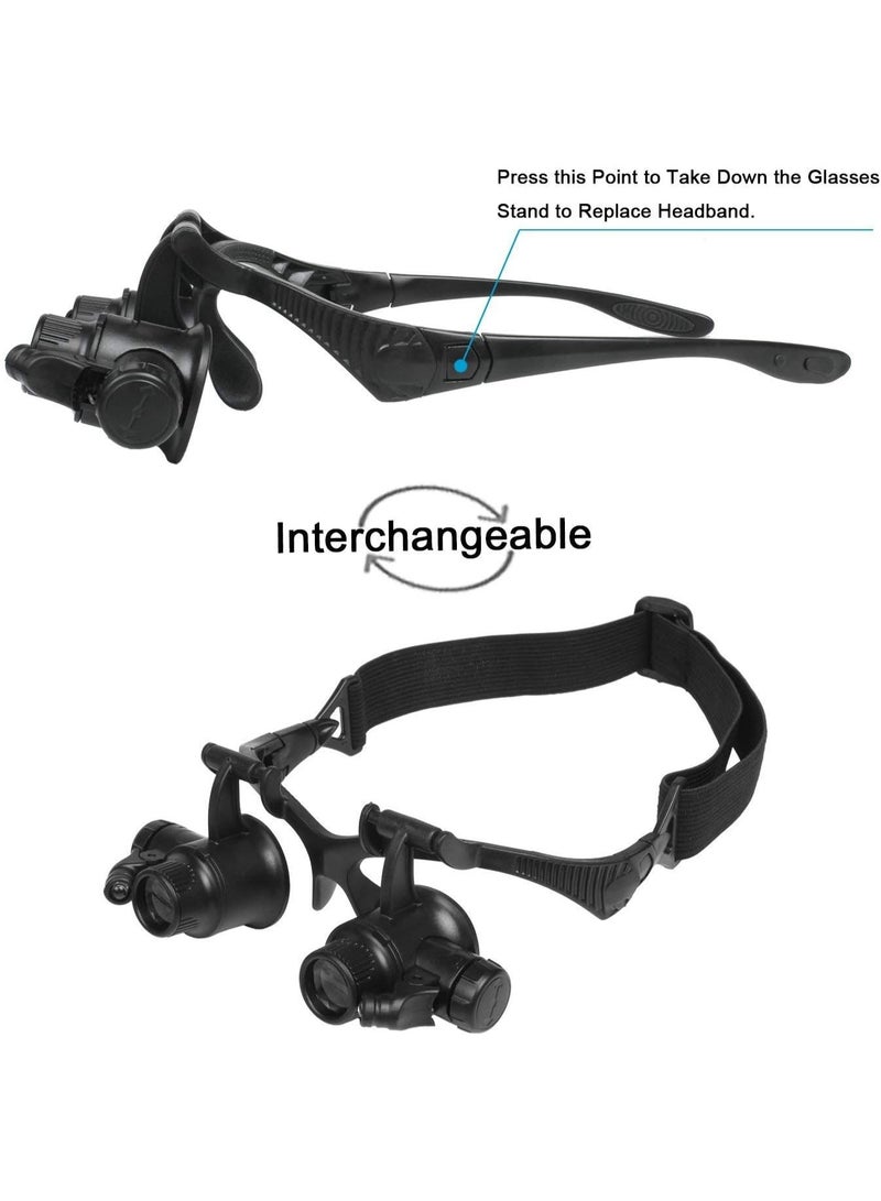 LED Illuminated Double Eye Jeweler Watch Repair Magnifying Glasses Loupe Headband Magnifier -8 Interchangeable Lens: 2.5X/4X/6X/8X/10X/15X/20X/25X - Image 2